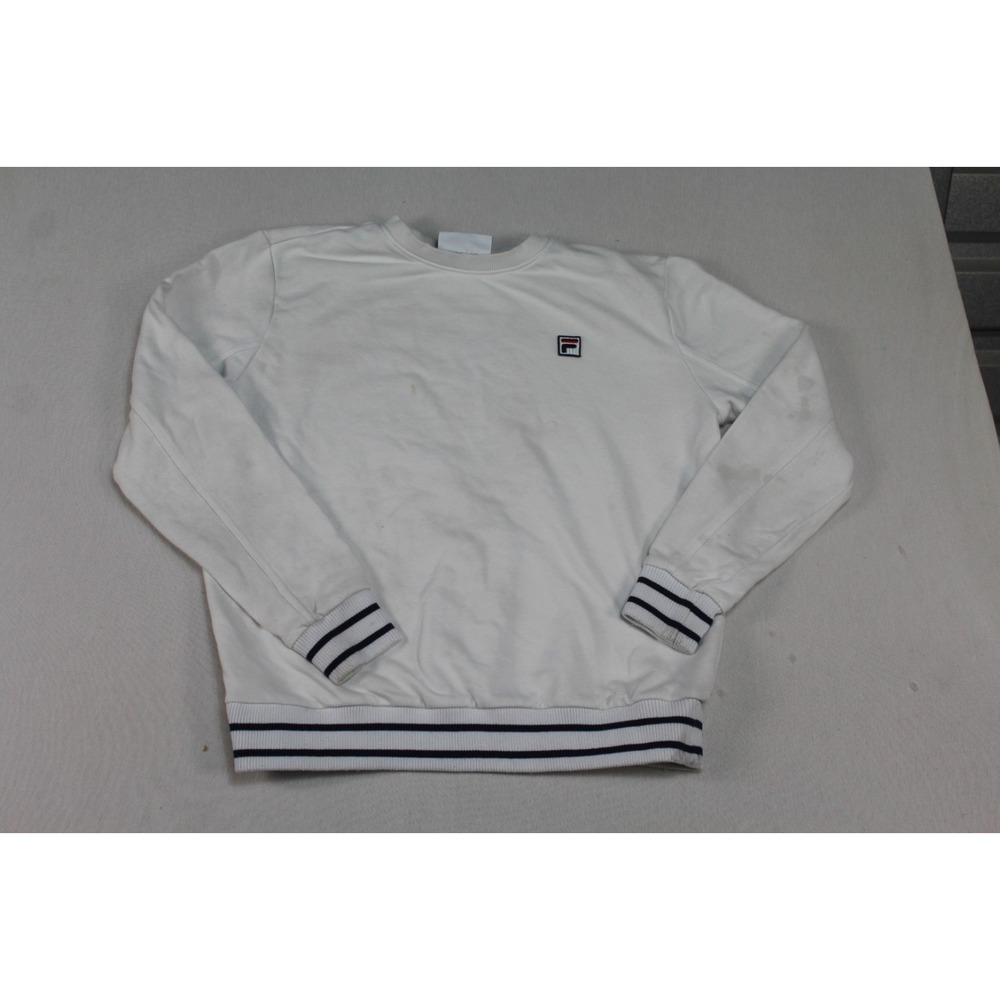 FILA Sweater Women Large White Good Crew Neck Striped Trim Logo Pullover
